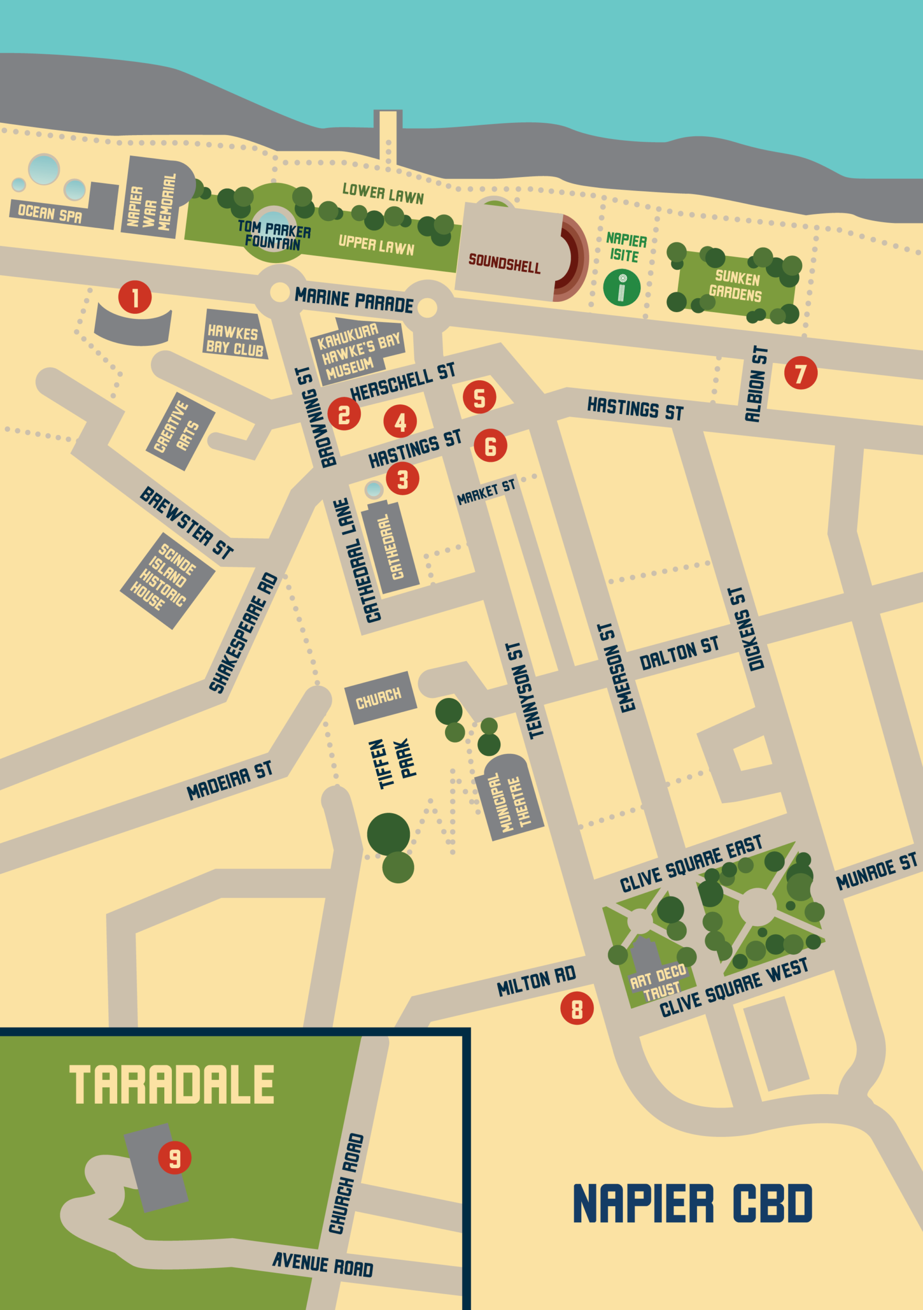 Taste Trail map showing Napier CBD and Taradale venues