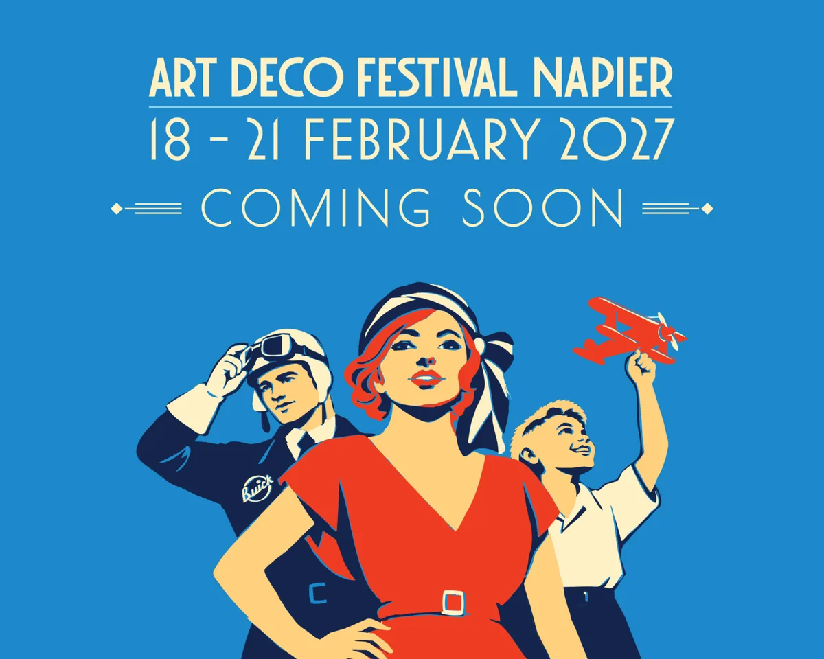 Art Deco Festival Napier 18-21 February 2027 coming soon poster with 1930s aviator, woman in red dress and boy with toy biplane