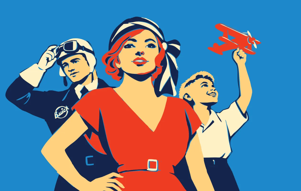 Art Deco Festival Napier 2027 illustration of a 1930s aviator, woman in red dress and boy with toy plane